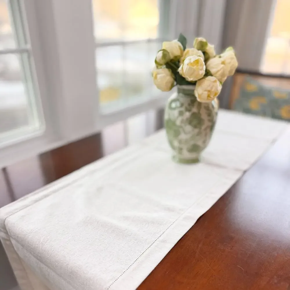 Portuguese Linen Damask Table Runner Hemstitch Neutral 88 x 14.5 MiCasaEstuCasa